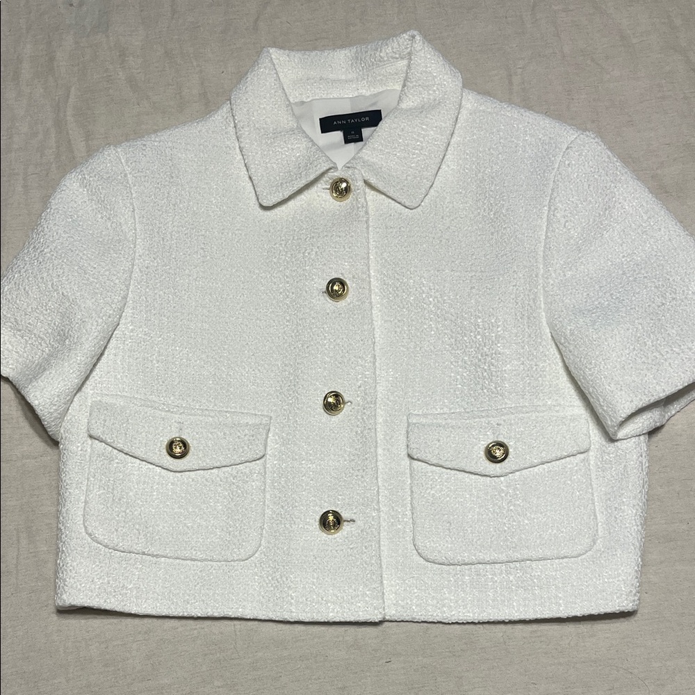 Ann Taylor White Textured Short Sleeve Jacket